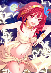  breasts choker commentary_request female flower full_moon hair_flower hair_ornament long_hair looking_at_viewer magi_the_labyrinth_of_magic medium_breasts moon morgiana navel one_side_up open_mouth red_eyes red_hair satou_iruno smile solo 