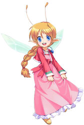  :d antennae blue_eyes bow braid commentary_request cropped_jacket dress earrings fairy fairy_wings female full_body happy jewelry long_hair necklace open_mouth orange_hair photoshop_(medium) pointy_ears ribbon shoes simple_background smile solo subaru_(tengai_makyou) tengai_makyou waist_bow wings yuru4u 