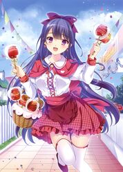  absurdres apple_earrings black_hair bow capelet day earrings female food-themed_earrings hairbow highres holding jewelry leg_up long_hair looking_at_viewer open_mouth original outdoors purple_eyes red_bow red_ribbon red_skirt ribbon satou_satoru shirt skirt solo thighhighs very_long_hair white_shirt white_thighhighs zettai_ryouiki 