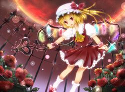  ascot blonde_hair bobby_socks bow commentary_request female flandre_scarlet flower full_moon hat hat_bow highres laevatein_(touhou) moon open_mouth red_eyes red_moon rikkunia rose short_hair skirt skirt_set smile socks solo touhou white_socks wings wrist_cuffs 