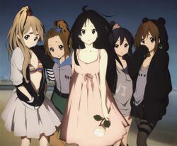  5girls akiyama_mio alternate_hairstyle bikini bikini_top_only black_hair blonde_hair brown_hair comiket_82 cropped dress flower high_ponytail hirasawa_yui hood hoodie jpeg_artifacts k-on! k-on!_movie kotobuki_tsumugi long_hair multiple_girls nakano_azusa official_art open_clothes open_hoodie scan short_hair singing!_(k-on!) sleeves_pushed_up striped_bikini striped_clothes sundress swimsuit tainaka_ritsu thick_eyebrows unzipped yamada_naoko 