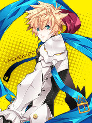  1boy aqua_eyes armor bad_id bad_pixiv_id blonde_hair character_name chung_seiker daizu_yan deadly_chaser_(elsword) elsword gloves looking_back male_focus messy_hair scarf solo yellow_background 