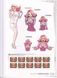  angry april_may blush breasts brown_eyes cleavage concept_art courtroom crazy_eyes edaki_shin&#039;ya female flipped_hair gyakuten_saiban hat highres holding holding_syringe large_breasts nurse nurse_cap official_art pantyhose paw_pose phoenix_wright:_ace_attorney pink_hair scan short_hair smile syringe white_background white_legwear 