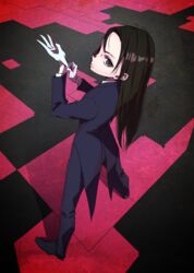  amane_(hunter_x_hunter) ammonio black_hair butler commentary_request female female_butler from_above full_body glove_pull gloves highres hunter_x_hunter long_hair looking_at_viewer looking_back looking_up solo white_gloves 