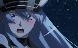  akame_ga_kill! blue_eyes blue_hair esdeath esdese female highres long_hair open_mouth solo stitched surprised 