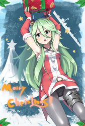  alternate_costume animal_ears armpits arms_up bare_shoulders belt black_pantyhose buckle cameltoe chestnut_mouth christmas christmas_tree commentary_request deer_ears detached_sleeves dress elbow_gloves fake_animal_ears fake_antlers female fingerless_gloves fur_trim gift gloves green_eyes green_hair hair_between_eyes highres kantai_collection long_hair looking_at_viewer merry_christmas messy_hair miniskirt okamen panties panties_over_pantyhose panties_under_pantyhose pantyhose pantyshot ponytail red_dress red_gloves red_skirt santa_costume sidelocks skirt solo standing underwear white_belt yamakaze_(kancolle) 