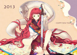  2013 anklet bandaged_arm bandages barefoot beads chinese_clothes chinese_zodiac commentary_request earrings female green_eyes hanfu hekisoujo_(juuni_kokuki) jewelry jian_(weapon) juuni_kokuki long_hair nakajima_youko necklace partial_commentary red_hair sheska_xue sitting snake suiguutou_(juuni_kokuki) sword tassel very_long_hair weapon white_snake yaopei year_of_the_snake 