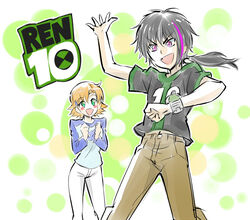  1boy ben_10 ben_tennyson ben_tennyson_(cosplay) blush_stickers clothes_writing commentary cosplay female gwen_tennyson gwen_tennyson_(cosplay) iesupa lie_ren navel nora_valkyrie omnitrix out_of_character pun rwby smile 