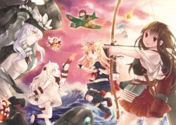  4girls abyssal_ship aircraft airplane akagi_(kancolle) anklet arrow_(projectile) barefoot blonde_hair bow_(weapon) brown_eyes brown_hair colored_skin commentary_request drawing_bow dress enemy_aircraft_(kancolle) fairy_(kancolle) fuuka_(fukasheu) gloves glowing glowing_eye holding holding_bow_(weapon) holding_weapon i-class_destroyer jewelry kantai_collection long_hair machinery mittens multiple_girls muneate neckerchief northern_ocean_princess parachute pointing pointing_forward propeller quiver red_eyes remodel_(kantai_collection) reppuu_(kancolle) sail scarf standing standing_on_liquid standing_on_one_leg torpedo waves weapon white_dress white_hair white_skin wo-class_aircraft_carrier yellow_eyes yuudachi_(kancolle) zuiun_(kancolle) 