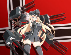  bad_id bad_pixiv_id bismarck_(kancolle) blonde_hair blue_eyes blush breasts elbow_gloves female germany gloves grey_thighhighs hat highres kantai_collection large_breasts long_hair machinery military military_uniform nazi_war_ensign nekovi peaked_cap photoshop_(medium) sideboob solo thighhighs turret uniform very_long_hair 