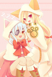  2boys absurdres afuro_terumi animal_hood arc_system_works blazblue blonde_hair blush brown_eyes cat_hood cathood cosplay crossdressing crossdressing eyepatch highres hood hoodie inazuma_eleven inazuma_eleven_(series) long_hair multiple_boys oerba_yun_fang open_mouth red_eyes ribbon sakuma_jirou short_hair smile taokaka_(cosplay) trap white_hair yakibata 