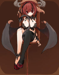  ankle_garter bad_id bad_pixiv_id between_breasts between_legs black_thighhighs breasts brown_background chair demon_tail endou_chihiro female highres horns large_breasts original red_eyes red_hair short_hair simple_background single_thighhigh sitting solo tail thighhighs wings wrist_cuffs 