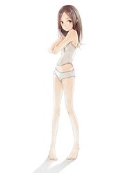  bad_id bad_pixiv_id barefoot brown_hair camisole covering_chest covering_privates female full_body grey_eyes highres legs long_hair looking_at_viewer original panties parted_bangs shadow simple_background smile solo stomach tokumaru underwear underwear_only white_panties 