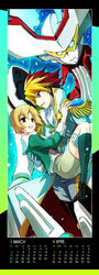  1boy :d agemaki_wako blonde_hair calendar_(medium) carrying commentary_request couple dyed_bangs epaulettes female fujieda_miyabi highres kneehighs loafers mecha multicolored_hair open_mouth photoshop_(medium) princess_carry robot school_uniform shoes short_hair smile socks southern_cross_academy_school_uniform star_driver straight tauburn_(star_driver) tsunashi_takuto two-tone_hair 