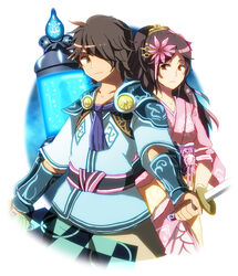  1boy armor ayuta_(chaos_rings) brown_eyes brown_hair chaos_rings commentary_request dual_wielding female fighting_stance flower hair_flower hair_ornament hair_over_one_eye hitopm holding japanese_clothes kimono long_hair mana_(chaos_rings) obi pauldrons sash shoulder_armor sword vambraces weapon 