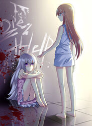  2girls aged_down akuma_no_riddle banba_mahiru barefoot blonde_hair blood blue_eyes commentary_request crying english_text hair_ornament hairclip hanabusa_sumireko long_hair multiple_girls mylovelydevil pajamas panties pantyshot photoshop_(medium) purple_eyes silver_hair sitting sleeveless tears tile_floor tiles toes underwear white_panties 