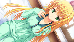  blonde_hair collarbone dutch_angle female game_cg green_eyes kanemoto_akari kobuichi long_hair long_sleeves noble_works pajamas photoshop_(medium) solo 