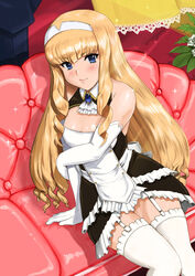  arm_support bare_shoulders blue_eyes blush breasts cleavage commentary_request couch dream_c_club dream_c_club_(series) dream_c_club_zero drill_hair elbow_gloves female flower frills garter_straps gloves hairband haruka_(dream_c_club) highres medium_breasts shiny_skin shu-z sitting smile solo sparkle thighhighs white_thighhighs 