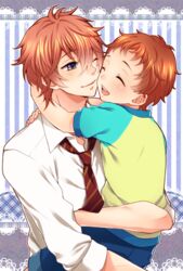  2boys blush brothers carrying closed_eyes commentary_request free! hug male_focus multiple_boys necktie one_eye_closed open_mouth partial_commentary pink_hair purple_eyes rio_(rio_01) school_uniform shigino_hayato shigino_kisumi siblings smile 