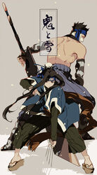  2boys back-to-back bandages black_hair commentary_request detached_sleeves forehead_protector geta haku_(naruto) headband holding holding_needle huge_weapon kirigakure_symbol layered_sleeves long_hair mask momochi_zabuza mouth_mask multiple_boys nail_polish naruto naruto_(series) needle nineo ninja photoshop_(medium) snow sword toenail_polish toenails weapon 