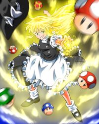  1-up_mushroom aura blonde_hair commentary_request dragon_ball dragon_ball_z female floating_hair frilled_skirt frills green_eyes grin hat highres holding kirisame_marisa long_hair looking_at_viewer mario_(series) motion_blur mushroom ohoho puffy_short_sleeves puffy_sleeves short_sleeves skirt smile smirk solo super_mario_bros._1 super_marisa_world super_mushroom super_saiyan super_saiyan_1 touhou unworn_hat unworn_headwear 