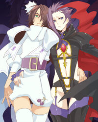  2boys bad_id bad_pixiv_id belt blue_eyes boots brown_hair cosplay crossdressing gucha_(netsu) macross macross_frontier male_focus multiple_boys purple_hair schwann_oltorain sheryl_nome sheryl_nome_(cosplay) spoilers tales_of_(series) tales_of_vesperia thigh_boots thighhighs yeager_(tales) 