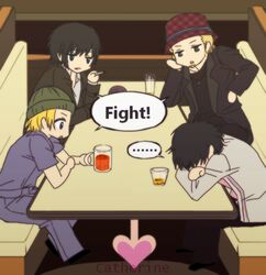  ... 4boys atlus beard belt black_hair blonde_hair blue_eyes casual catherine catherine_(game) chibi cigarette coat denim drink english facial_hair green_eyes hat jeans jewelry jonathan_(catherine) jonathan_ariga male male_focus multiple_boys orlando_(catherine) orlando_haddick pants shirt short_hair sitting tobias_(catherine) tobias_nebbins vincent_(catherine) vincent_brooks 