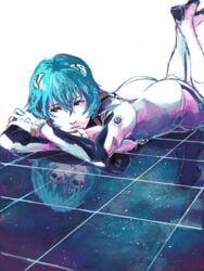  a10 ass ayanami_rei blue_hair bodysuit female hair_between_eyes interface_headset looking_to_the_side lying neon_genesis_evangelion on_stomach parted_lips plugsuit red_eyes reflection short_hair solo tegaki white_bodysuit 