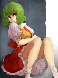  ascot bad_id bad_pixiv_id bloomers female green_hair hukasikasi kazami_yuuka plaid plaid_skirt plaid_vest red_eyes short_hair skirt solo touhou underwear vest 