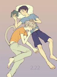  2boys animal_ears barefoot book brown_eyes brown_hair cat_ears cat_tail closed_eyes commentary_request full_body grey_hair headpat heart ikari_shinji karimero_(calimer0) male_focus multiple_boys nagisa_kaworu neon_genesis_evangelion open_mouth pillow smile tail 