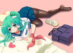  alternate_costume alternate_hairstyle black_pantyhose bondage bondage bound bound_wrists bra collar commentary_request female frog green_hair hair_ornament kochiya_sanae kumao_mofumofu pantyhose school_uniform see-through serafuku shoes solo thighband_pantyhose touhou underwear unworn_shoes 