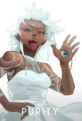  :p aqua_eyes arm_tattoo breasts character_name commentary dark-skinned_female dark_skin dress english_commentary eyeball female forehead jewelry medium_breasts messy_hair oerba_yun_fang ohnarev original purity_(ohnarev) ring saliva see-through solo tattoo third_eye tongue tongue_out very_dark_skin white_dress white_hair 