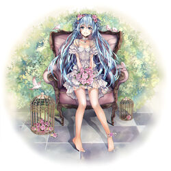  :d animal anklet armchair bare_legs bare_shoulders barefoot bird birdcage blue_eyes blue_hair blush bouquet breasts bush cage chair checkered_floor choker cleavage collarbone commentary_request dress eyebrows female flower flying frilled_dress frilled_sleeves frills full_body hair_between_eyes hair_flower hair_ornament hatsune_miku highres holding holding_flower jewelry layered_dress long_hair looking_at_viewer necklace off-shoulder_dress off_shoulder open_mouth pendant photoshop_(medium) plant see-through shade sitting small_breasts smile solo teeth teka tile_floor tiles twintails very_long_hair vocaloid white_dress 