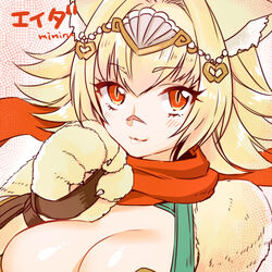  ada_(sennen_sensou_aigis) animal_ears animal_hands artist_name bad_id bad_pixiv_id blonde_hair blush breasts cat_ears character_name cleavage female lowres medium_breasts miniru orange_eyes scar scar_on_face scar_on_nose scarf sennen_sensou_aigis slit_pupils solo upper_body 