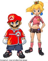  1boy blonde_hair blue_eyes cleats concept_art earrings female hat jewelry lips looking_at_viewer mario mario_(series) mario_strikers midriff navel nintendo official_art princess_peach super_mario_bros. super_mario_strikers 