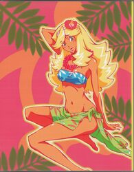  arm_up artist_request bandeau blonde_hair commentary_request female flower flower_necklace green_eyes hair_flower hair_ornament highres honey_(space_dandy) jewelry lei long_hair midriff navel necklace official_art scan side-tie_skirt solo space_dandy tan 