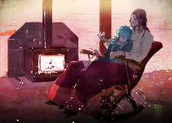  2boys asya6921 bad_id bad_pixiv_id bird blanket blue_hair braid brown_hair chair closed_eyes couple dramatical_murder hand_in_another&#039;s_hair long_hair major_mitchell&#039;s_cockatoo male_focus mink_(dramatical_murder) multiple_boys photoshop_(medium) rocking_chair seragaki_aoba sitting smile tori_(dramatical_murder) yaoi 