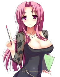  bad_id bad_pixiv_id banned_artist blush breasts cleavage error large_breasts long_hair no_bra ooeyama_inori open_mouth pink_eyes pink_hair shikano_sumiaki solo standing teacher tsuyokiss 