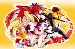  2girls bare_legs blonde_hair bow bracelet capelet choker commentary_request copyright_name demon_wings disgaea disgaea_d2 earrings elder_spear etna_(disgaea) flonne flonne_(fallen_angel) hair_ornament jewelry kamuoka long_hair long_sleeves multiple_girls one_eye_closed pointy_ears polearm red_eyes short_hair skull spear staff tail tail_bow tail_ornament twintails weapon wings 