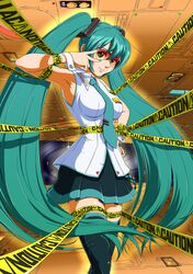  armpits bad_link boots caution_tape commentary_request female green_eyes green_hair hand_on_own_hip hatsune_miku highres long_hair looking_at_viewer nail_polish necktie oshiyon skirt thigh_boots thighhighs twintails v very_long_hair vocaloid wrist_cuffs 