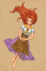  barefoot blue_eyes brown_hair commentary_request feet female long_hair lying malon pointy_ears shiwashiwa_no_kinchakubukuru skirt smile solo the_legend_of_zelda the_legend_of_zelda:_ocarina_of_time 