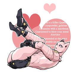  animal_ears bad_id bad_pixiv_id cat_ears diamond_wa_kudakenai english_text female heart hugging_own_legs jojo_no_kimyou_na_bouken killer_queen lyrics photoshop_(medium) sakusigi slit_pupils solo stand_(jojo) white_background 