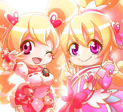  2girls ;d aida_mana blonde_hair blush bow brooch choker color_connection commentary_request corset cure_heart cure_peach curly_hair dokidoki!_precure eyelashes fresh_precure! hair_ornament heart heart_brooch heart_hair_ornament in-franchise_crossover jewelry long_hair look-alike magical_girl momozono_love multiple_girls one_eye_closed open_mouth photoshop_(medium) pink_arm_warmers pink_bow pink_choker pink_eyes pink_sleeves pink_wrist_cuffs precure ribbon smile tochiringo twintails v wrist_cuffs 