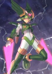  1boy android commentary_request crop_top dual_wielding energy_sword green_eyes helmet highres holding male_focus mega_man_(series) mega_man_zero_(series) sage_harpuia_(mega_man) solo sword tesshii_(riza4828) weapon 