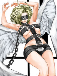  angel angel_(megami_tensei) angel_wings blindfold blonde_hair bondage_outfit chains collar commentary_request covered_eyes facing_viewer feathered_wings female kazu_(rakugakino-to) shin_megami_tensei simple_background solo white_background wings 