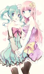  2girls ahoge bad_id bad_pixiv_id colorful_drop_(module) colorful_x_melody_(vocaloid) detached_sleeves elbow_gloves flower gloves green_eyes green_hair hair_flower hair_ornament hakui hatsune_miku holding_hands interlocked_fingers long_hair megurine_luka multiple_girls open_mouth pink_hair project_diva_(series) project_diva_2nd smile thighhighs twintails v vocaloid 