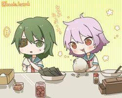  2girls :3 blush commentary_request eyepatch food fruit green_eyes green_hair hachi_(hachi_hatch) kantai_collection kiso_(kancolle) looking_at_another multiple_girls nori_(seaweed) one-hour_drawing_challenge onigiri pink_hair red_eyes rice saliva school_uniform serafuku striped striped_background sweatdrop tama_(kancolle) translation_request twitter_username umeboshi 