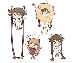  2girls ? animal_ears blush_stickers brown_hair c: chibi commentary_request cosplay dog_ears dog_girl dog_tail doughnut fernandia_malvezzi food hair_stilts highres honda_takashi_(enorea) marmot_ears marmot_girl marmot_tail military_uniform mister_donut multiple_girls o_o open_mouth outstretched_arms partial_commentary pon_de_lion pon_de_lion_(cosplay) pon_de_ring prehensile_hair sidelocks smile strike_witches:_kurenai_no_majo-tachi tail takei_junko uniform white_background world_witches_series 