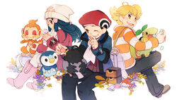  21grams 2boys ahoge alternate_costume bad_id bad_pixiv_id bag barry_(pokemon) beanie black_hair blonde_hair blue_hair boots chimchar coat dawn_(pokemon) feeding female food hair_ornament hairclip hat long_hair lucas_(pokemon) multiple_boys one_eye_closed open_mouth photoshop_(medium) pink_footwear piplup pokemon pokemon_(creature) pokemon_dppt pokemon_platinum red_eyes scarf sitting smile starly starter_pokemon_trio thighhighs turtwig winter_clothes yellow_eyes 