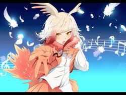  bird_tail blue_background blunt_bangs blush border buttons commentary_request eighth_note feathers female fur_collar gloves gradient_background gradient_hair head_wings highres japanese_crested_ibis_(kemono_friends) kappa_(moonsidekanade) kemono_friends long_sleeves looking_at_viewer multicolored_hair musical_note pleated_skirt pleated_sleeves quarter_note reaching reaching_towards_viewer red_gloves red_hair red_skirt sixteenth_note skirt solo staff_(music) tail treble_clef white_hair wide_sleeves wings yellow_eyes 